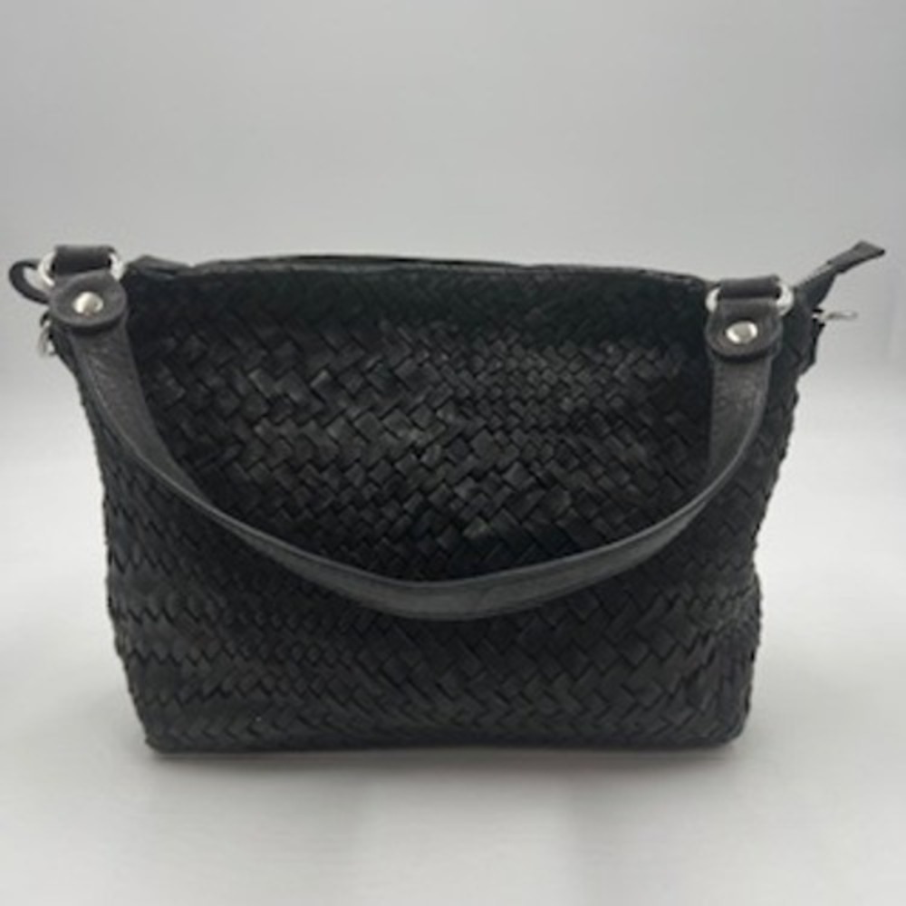 Enzo Poli Black Woven Leather Hobo Shoulder Bag‎ Silver Hardware Medium - Picture 2 of 16